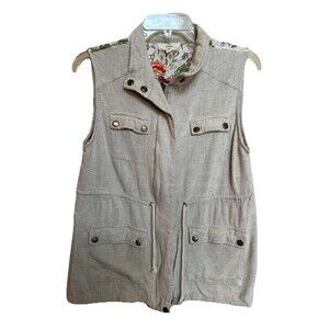 Entro Sz Medium Ivory Distressed Safari Vest Lace Colorful Floral Embroidered